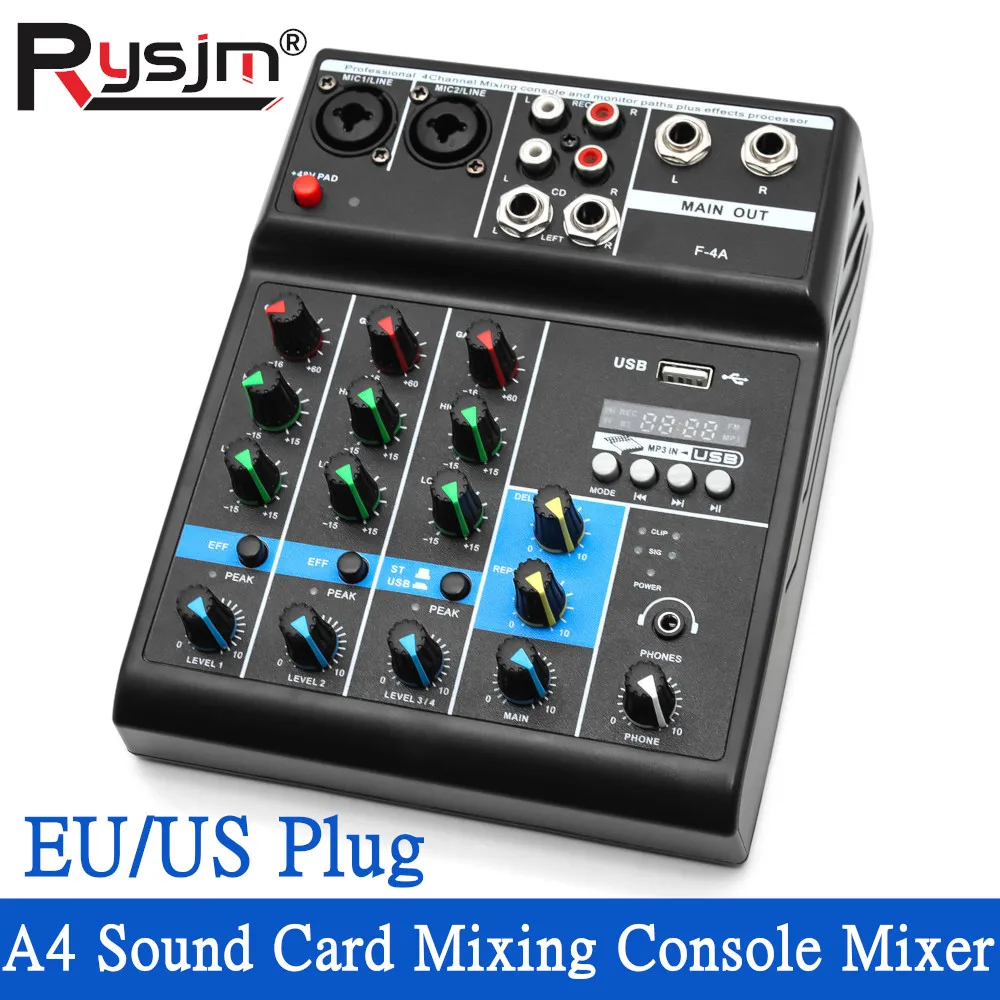 F-4A 4 قناة المهنية جهاز مزج الصوت وحدة التحكم جهاز مزج الصوت DJ معدات الصوت A4 كارت الصوت للبودكاست كاريوكي البث المباشر