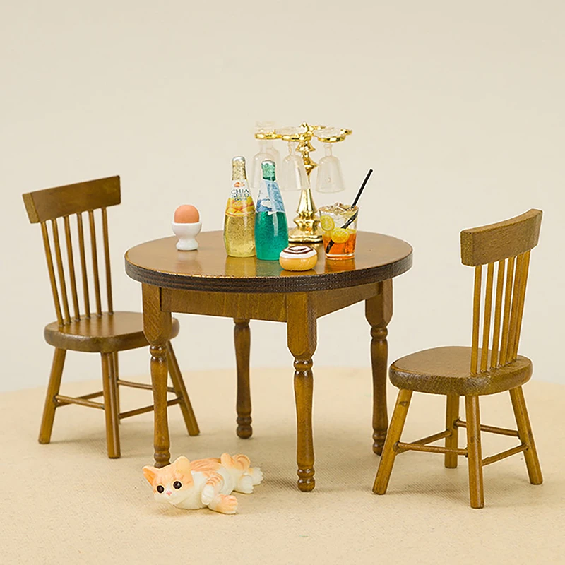 1:12 Dollhouse Miniature Furniture Wooden Round Dining Table Chair Model Set Dollhouse Furniture Accessories