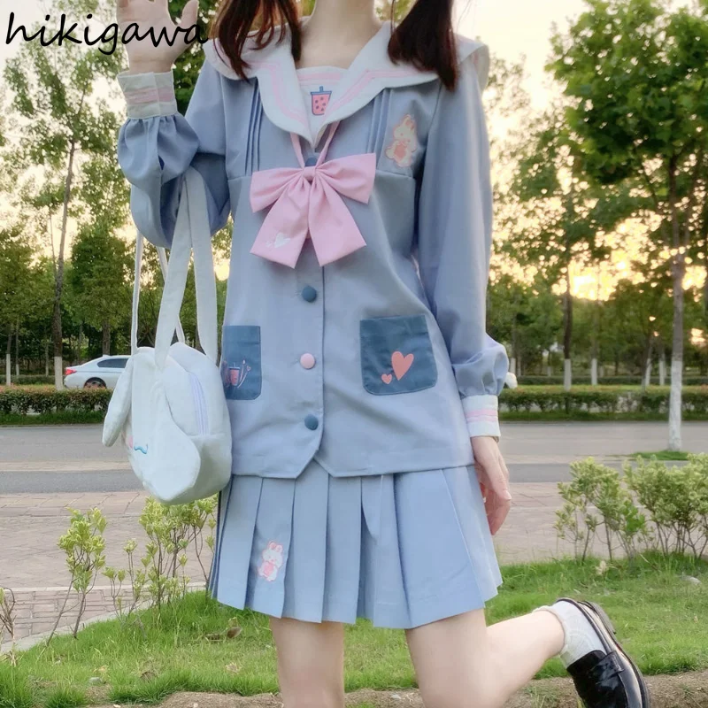 Japanese Style Chic 2 Piece Sets Women Clothing Sailor Collar Embroidery Shirt A-line Pleated Mini Shirt Outfits Sweet Y2k Suit