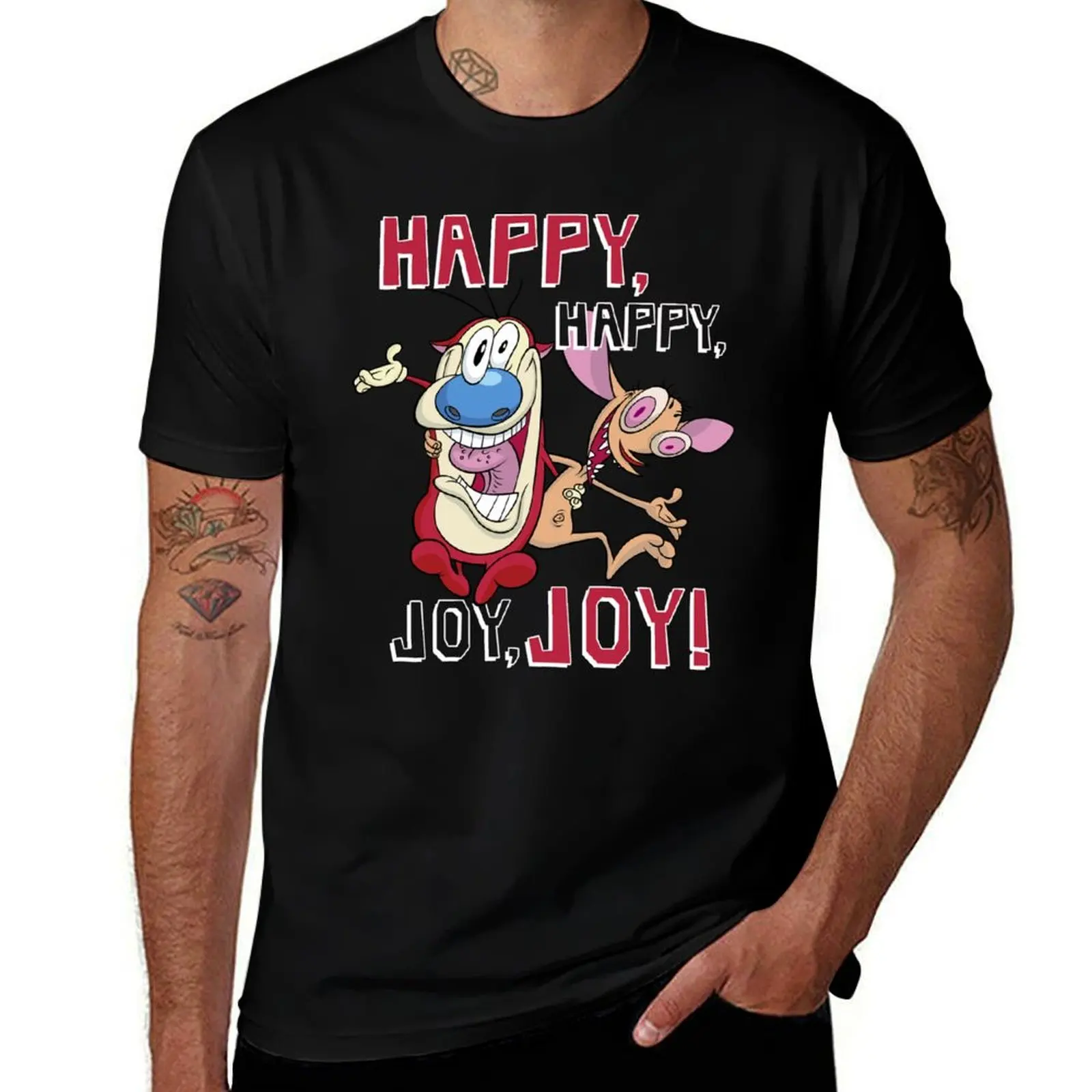 Ren and Stimpy Vintage BFF's Happy, Happy, Joy, Joy! T-Shirt Casual All Match Tee Shirt for Men T-Shirt