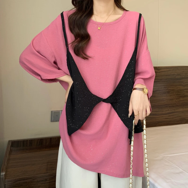 

plus Size Women's Summer Sequined Fake Two Pieces Short Sleeve T-shirt Loose Slim Fit Anti-Aging Casual Top
