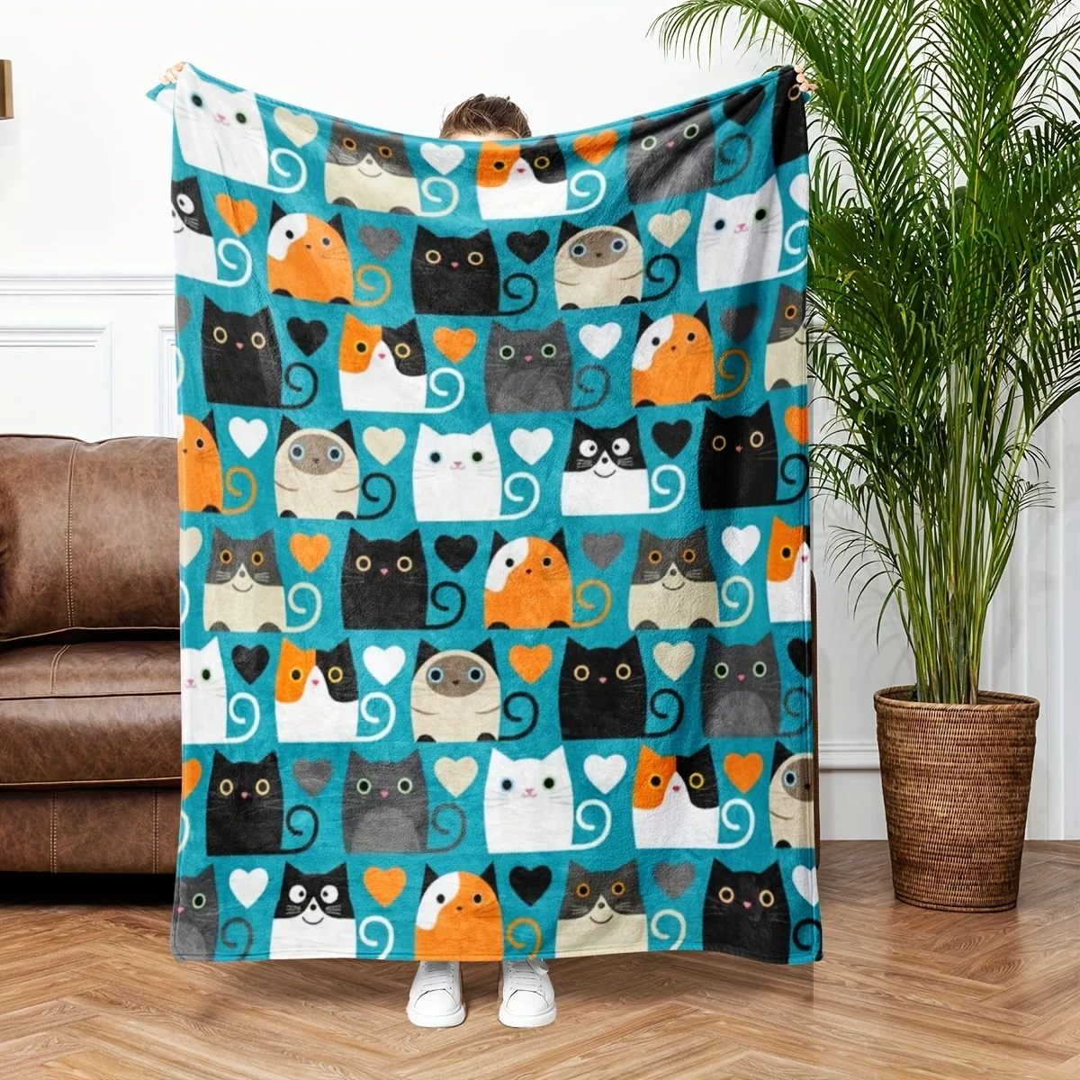 2D Flat Printing, 1pc Cute Cartoon Style Blanket, Printed with Multi-Style Cartoon Cats And Heart Tails, Nap Mat Suitable for So