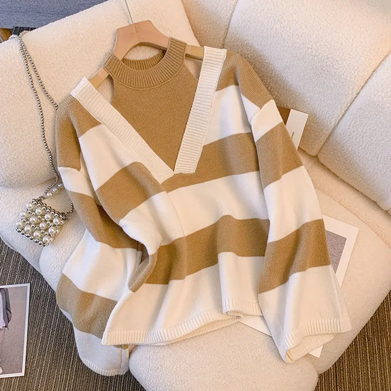 Spring New Striped Hollow Out Sweaters Long Sleeve Round Neck Loose Fake Two Piece Pullovers Vintage Fashion Women Clothing