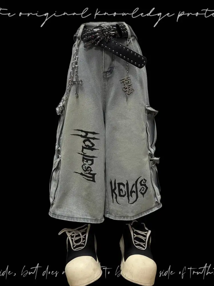 

Готические джинсы унисекс, летние свободные шорты-карго, джинсовые шорты 7, 8, длина, в стиле панк-рок, с несколькими карманами, широкие брюки, нейтральный стиль