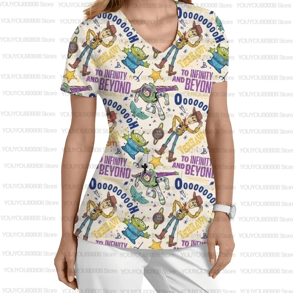 Uniformes médicaux princesse sirène Disney, ruban rose, motif de chasseur de cancer, uniformes pour femmes, col en v, manches courtes avec poches t