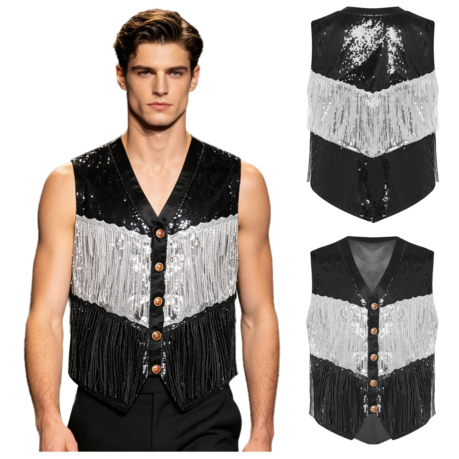 

Men Shiny Sequins Jazz Dance Costume Vest Sleeveless Tassel Waistcoat Musical Festival Dancewear Carnival Stage Performance