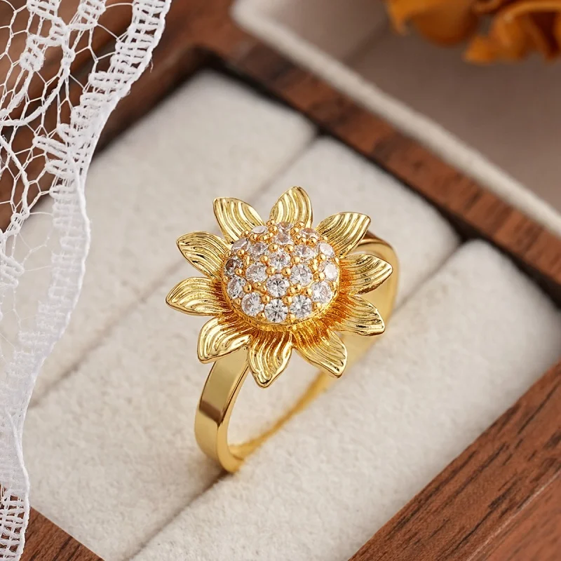 European and American New 360 Degree Rotating Ring and Necklace, Women's Colorful Zircon Flower Opening Jewelry Accessories