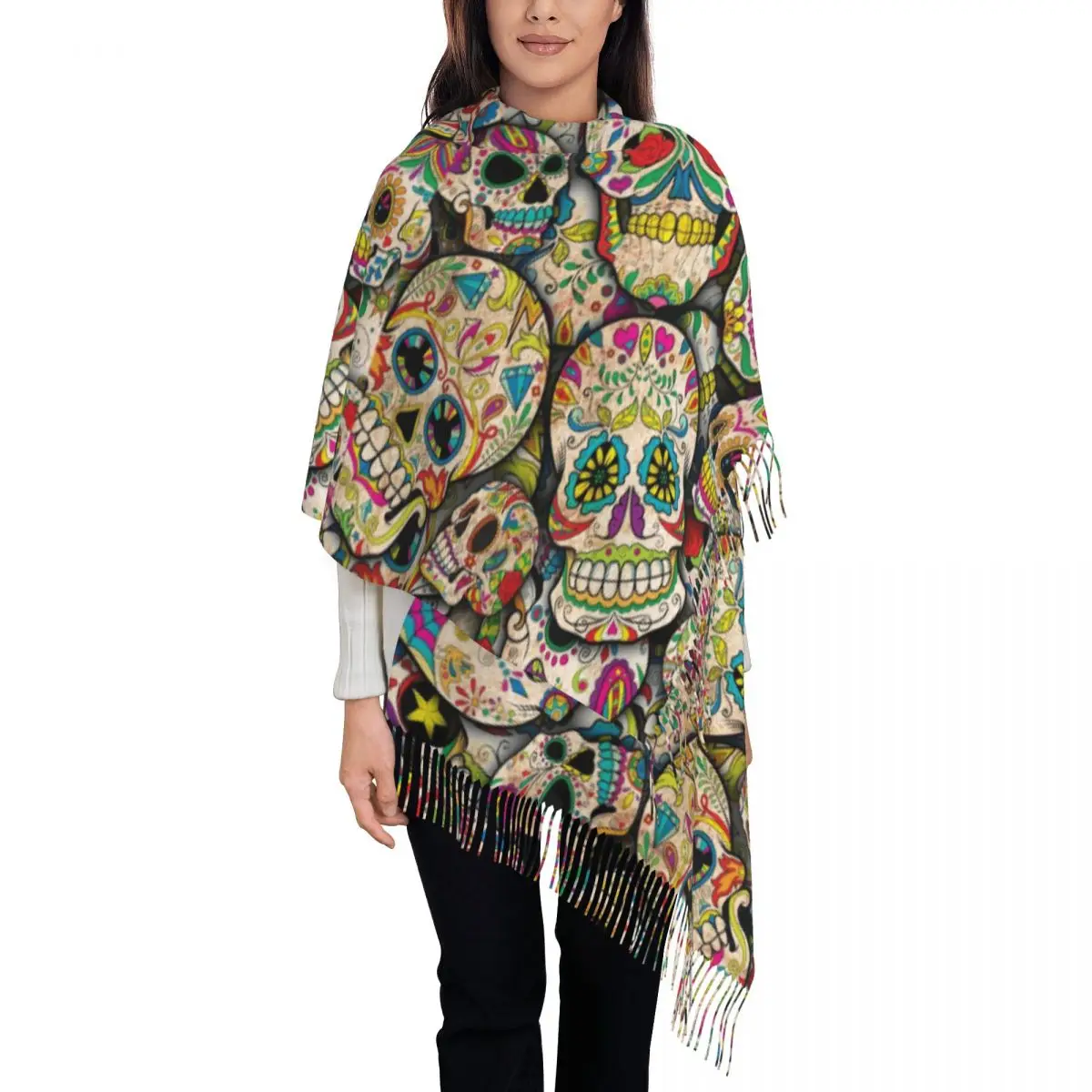 Sugar Skull Collage Scarf for Womens Warm Winter Pashmina Shawl Wrap Day Of The Dead Long Scarves with Tassel for Daily Wear