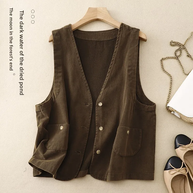 Spring Autumn Loose Pure Color Thin Sleeveless V-neck Cardigan Ladies Workwear Jacket Retro Twill Open Front Cotton Blend