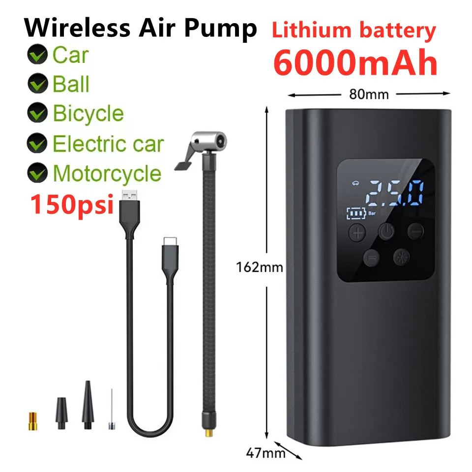 

Wireless Air Pump 150psi Portable Electric Tire Inflator 6000mAh For Car Bicycle Motorcycle Air Compressor Tire Air Injector