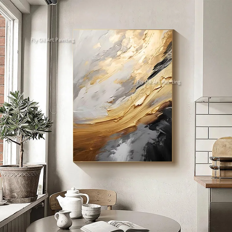 Luxury Gold Grey Abstract Ocean Wave Oil Painting Hand Made 3D Textured Canvas Wall Art Minimalist Abstract Flow Wall Decor