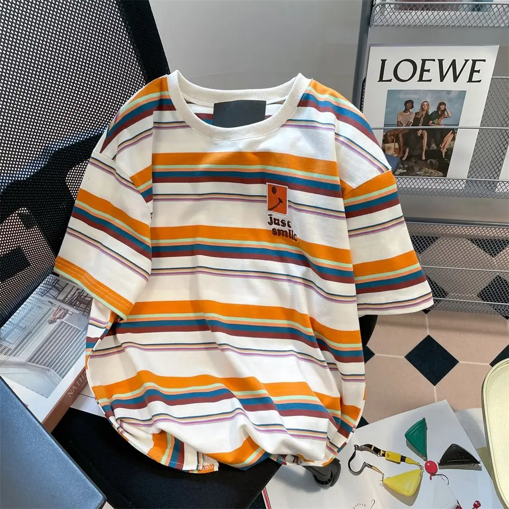 Large size striped short-sleeved 2024 new t-shirt loose Hong Kong style top women's design niche high-end summer slimming tops