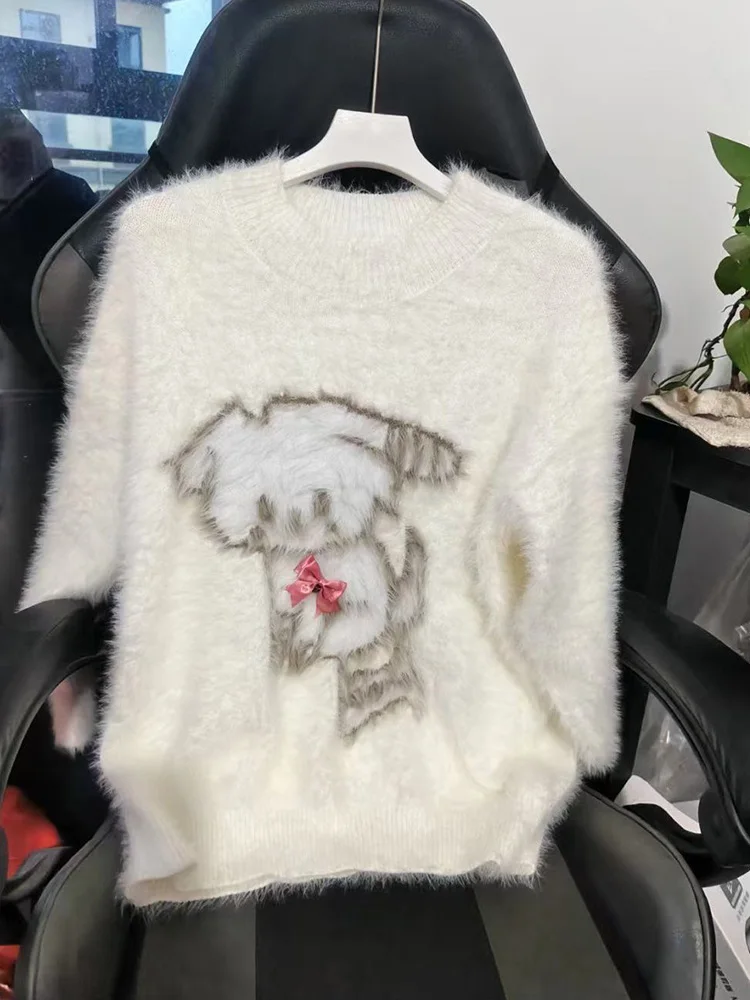 

Women Sweet Cute White Sweater Loose Lazy Wind Cartoon Kawaii Knitted Jumper Korean Preppy Style Chic Bow Long Sleeve Pullover