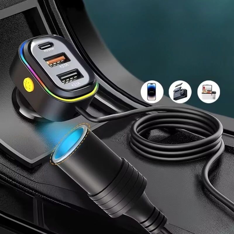 

For Car Back Seat Passengers Multi Port USB Charger with 2M Extension Cord 12V24V Fast Charging Adapter Cigarette Lighter Power