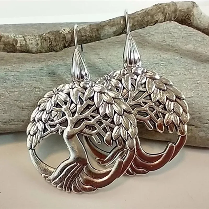 Vintage Metal Hand Carved Tree of Life Women's Hook Drop Earrings