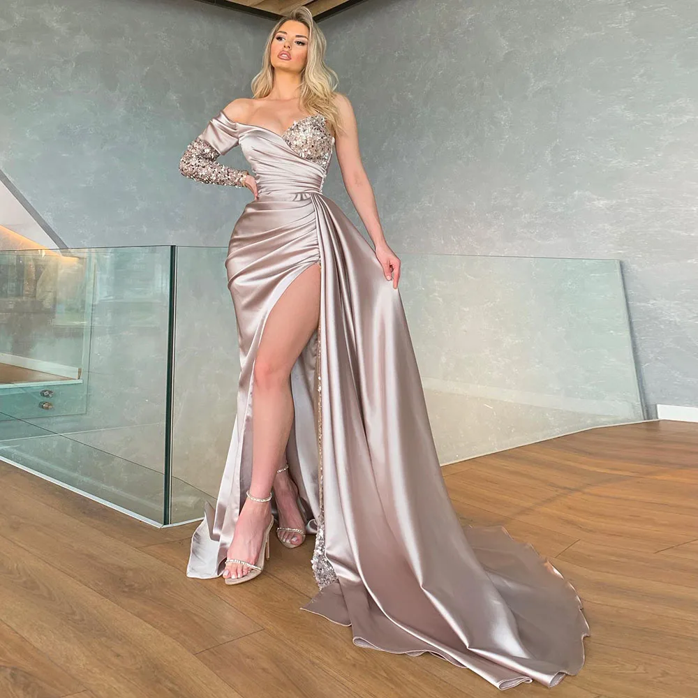 

Stunning Gray Evening Dresses One Shoulder Sequined Beaded Mermaid High Slit Floor Length Birthday Party Prom