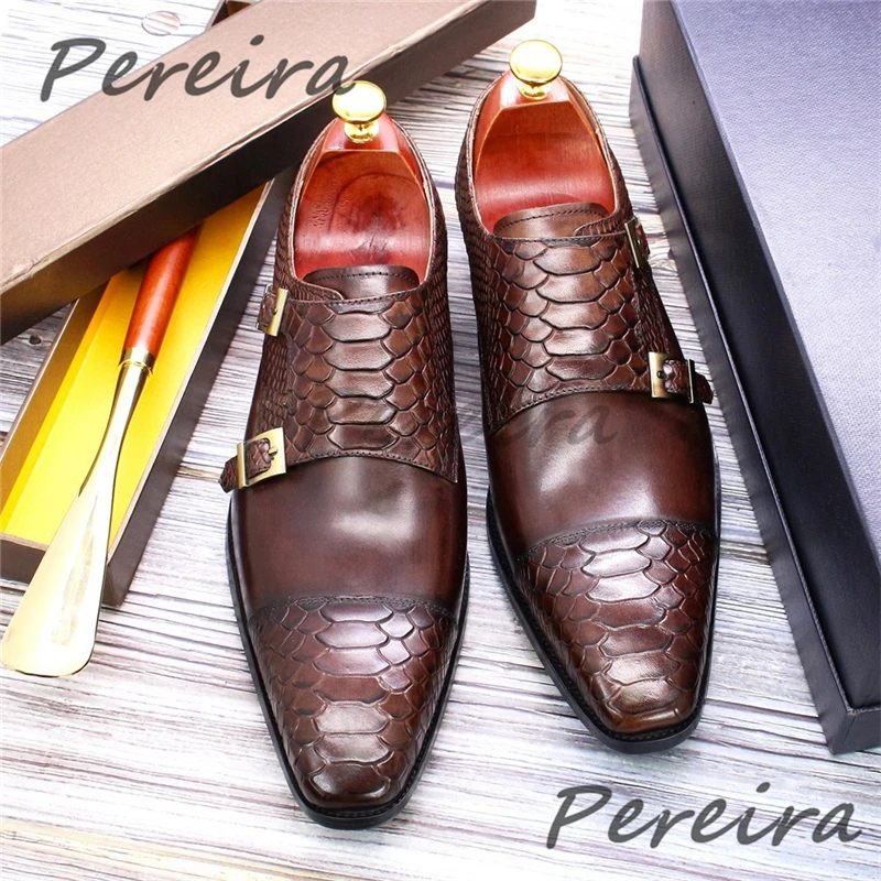 

Brown Handmade Business Casual Shoes Men's Retro Cowhide Double Buckle Pointy Toe Loafers British Snake Patterned Dress Shoes