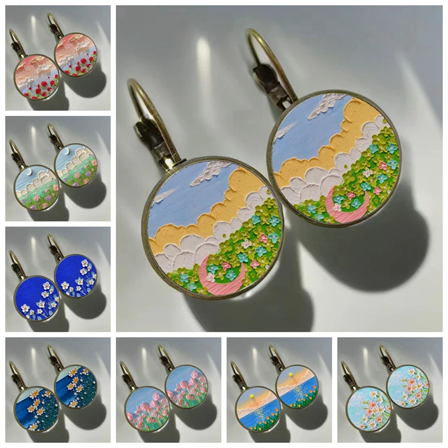 Oil Painting Stick Landscape Earrings Colorful Flower and Grass Clouds Oil Painting Glass Earrings Beautiful Gift for Girls