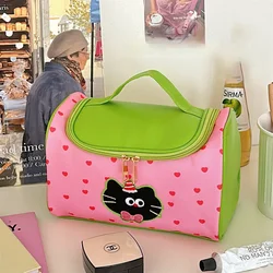 Cute Cartoon Kitten Handheld Makeup Bag for Girls, Portable Large Capacity Makeup Storage Bag