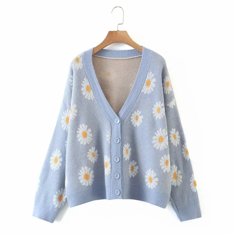 Women's Little Daisy Sweater Cardigan Top, Casual Long Sleeve V Neck Floral Print Loose Knit Lossen Coat RFEW-2024