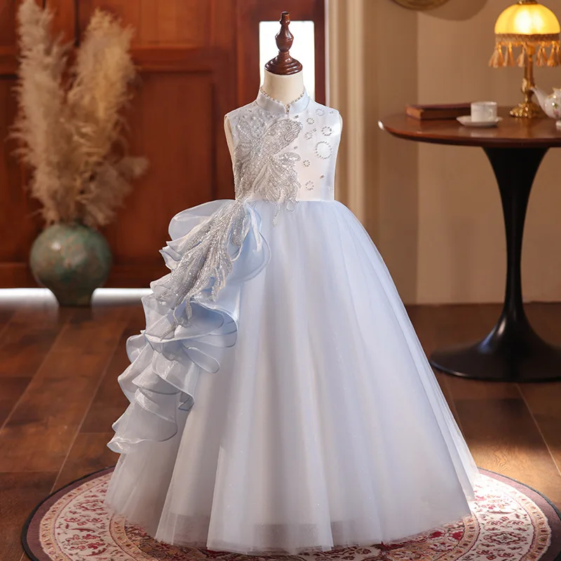 

Новое детское вечернее платье 2026 года с воротником-стойкой, без рукавов, длинное, элегантное, в стиле принцессы, для девочек, на день рождения, для банкета