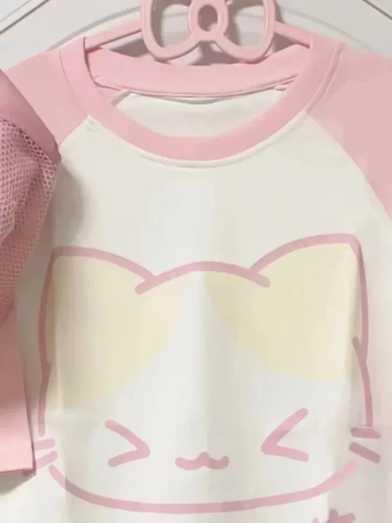 Y2K Cutecore Kawaii Cat Print Raglan Sleeve T-shirt Girls Japanese Harajuku Anime Cartoon Casual Loose Streetwear Cotton Blouse