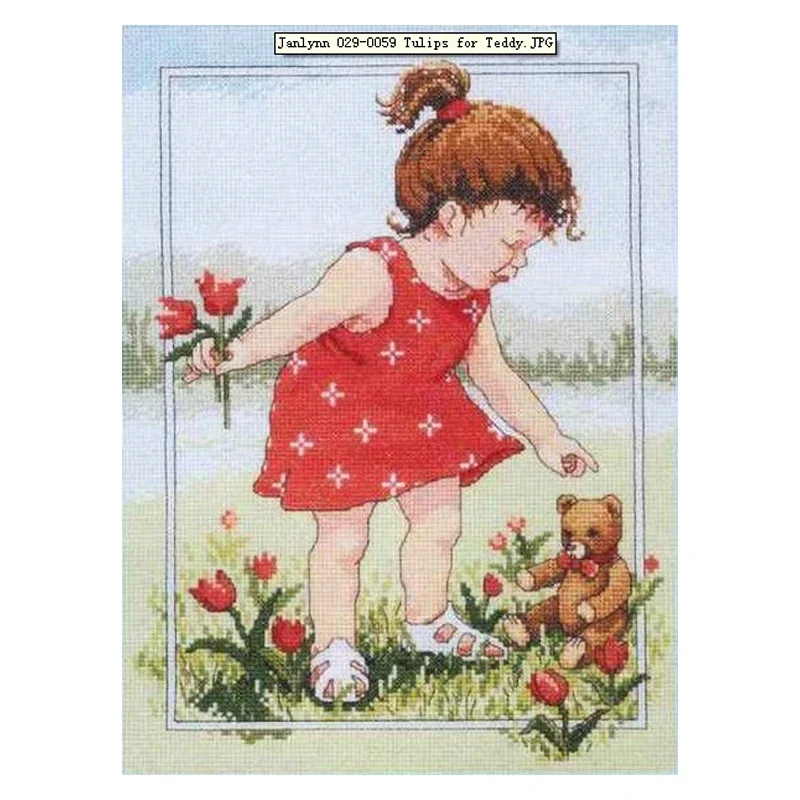 Amishop Top Quality Counted Cross Stitch Kit Tulips For Teddy Bear And Girl Kid Child Play Lawn Flower Janlynn 029-0059