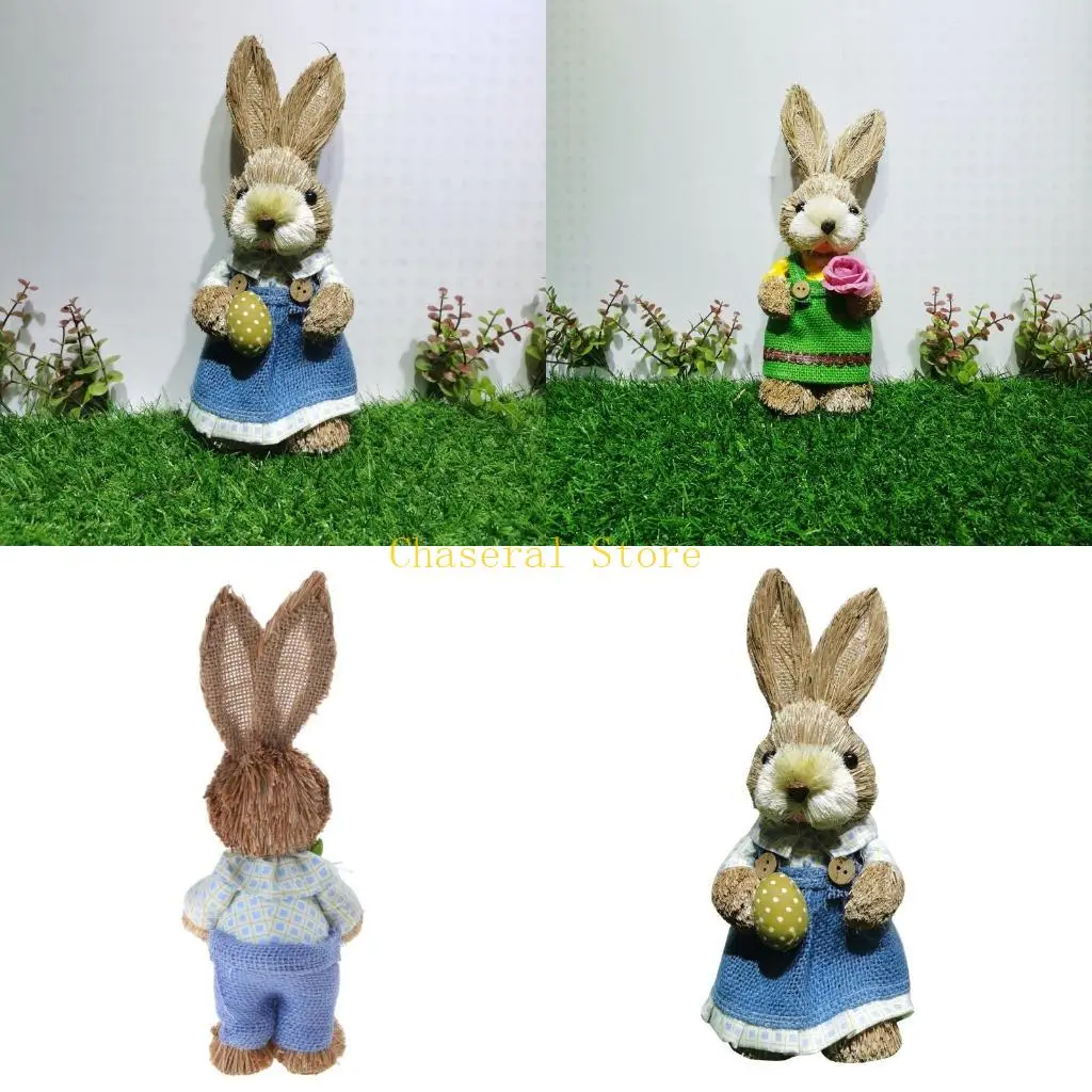 E7CE Straw Woven Rabbit Farmhouse Patio Yard Ornament Easter Holiday Garden Decors
