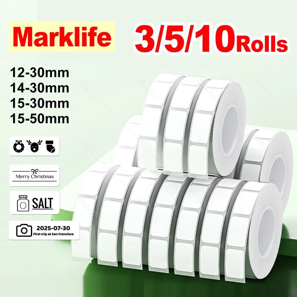 

Marklife P15 P12 M1 Рулоны белой термобумаги для этикеток, 3/5/10 упаковок, 12*30 мм, 14*30 мм, 15*30 мм, 15*50 мм, клейкая бумага для наклеек