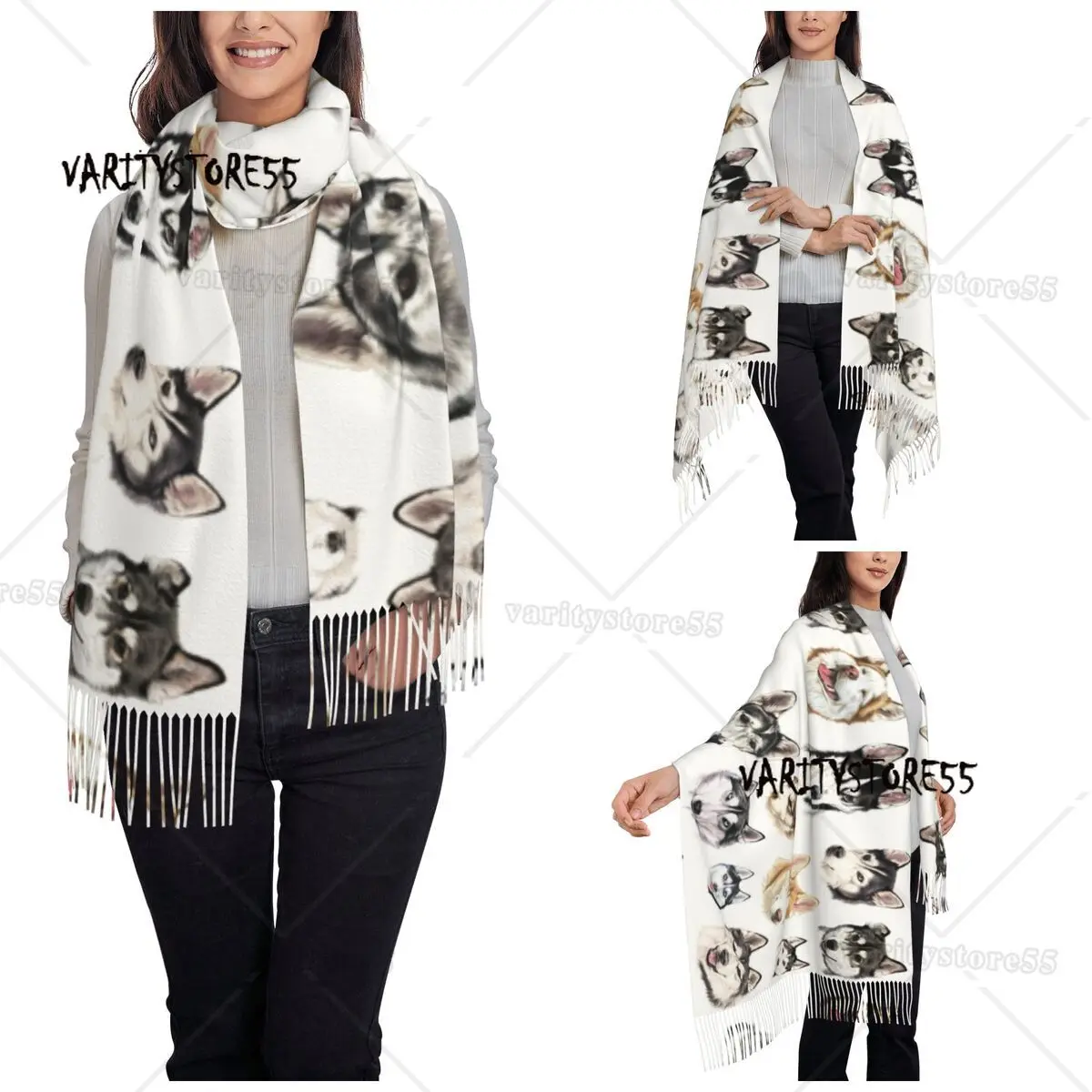 Sciarpa siberiana Husky donna autunno inverno scialle Pashmina avvolgere cane animale 3D bella sciarpa lunga e grande scialle per abito da sera