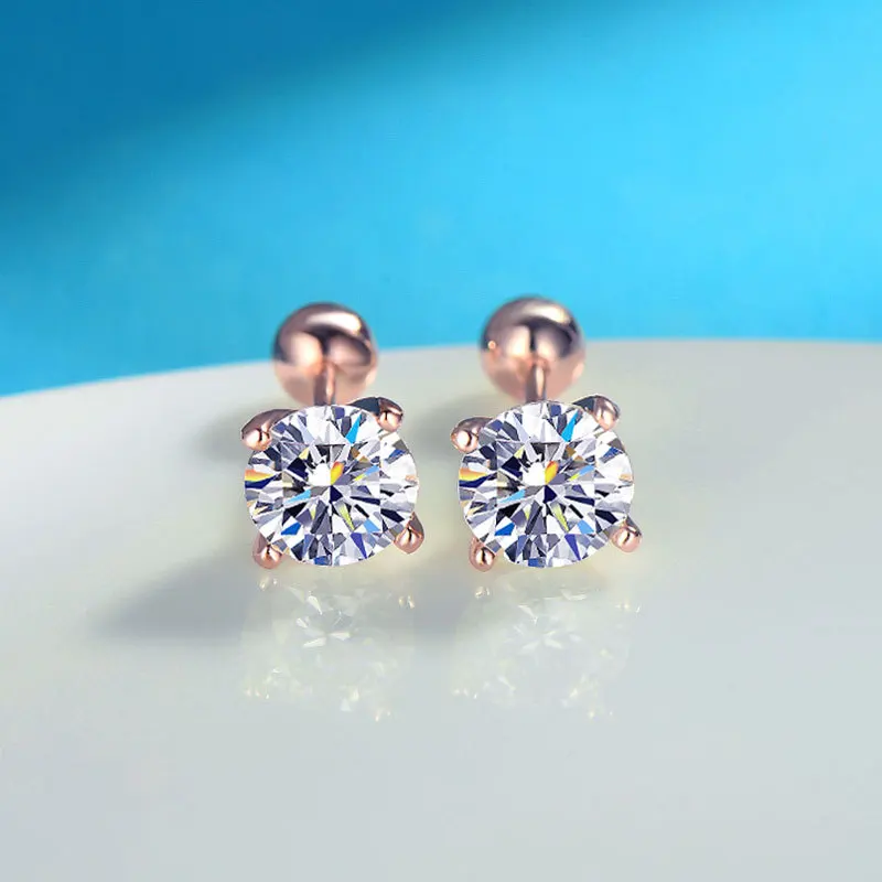 TS 925 Sterling Silver Classic Four-Prong Simple Stud Earrings for Women Niche 18K Gold Plated Cone Screw Ear Studs D Color