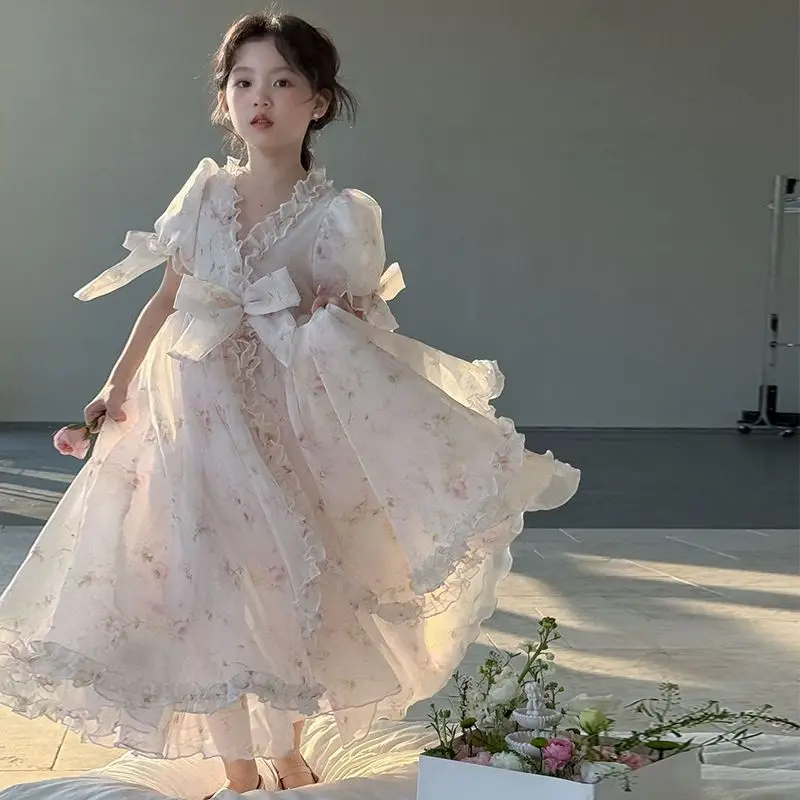 Baby Girls Summer Sweet Skirts Pink Princess Ball Gown Floral Bow Birthday Party Puff sleeve Clothes Mesh Gauze Long Dress