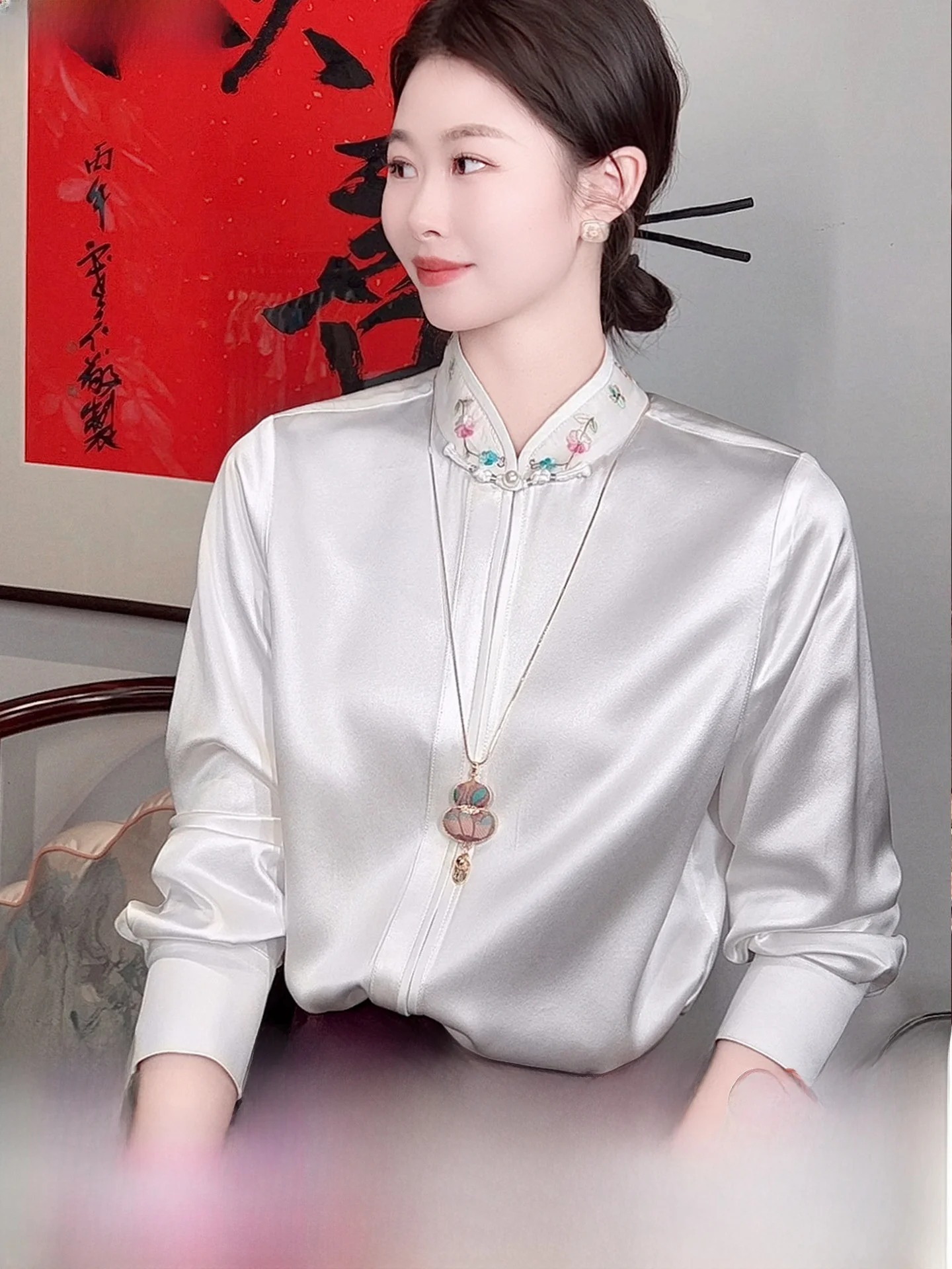

White Non-Lightweight! Heavyweight 35 Momme Silk Silk Shirt Women Long Sleeve Small Stand Collar Inner Wear Top Earl...
