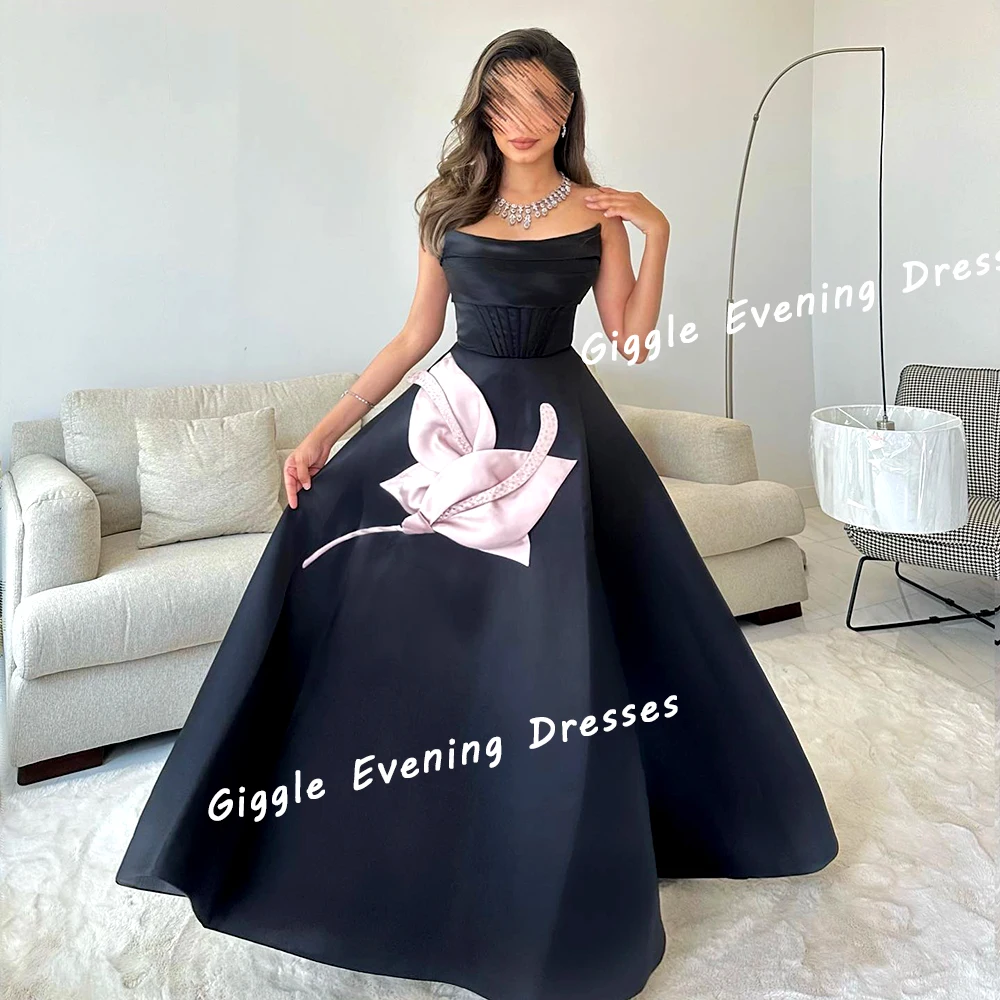 

Giggle Satin Beading A-Line Strapless Prom Gown Saudi Arab Flowers Elegance Floor-Length Evening Party Dresses for Women 2024