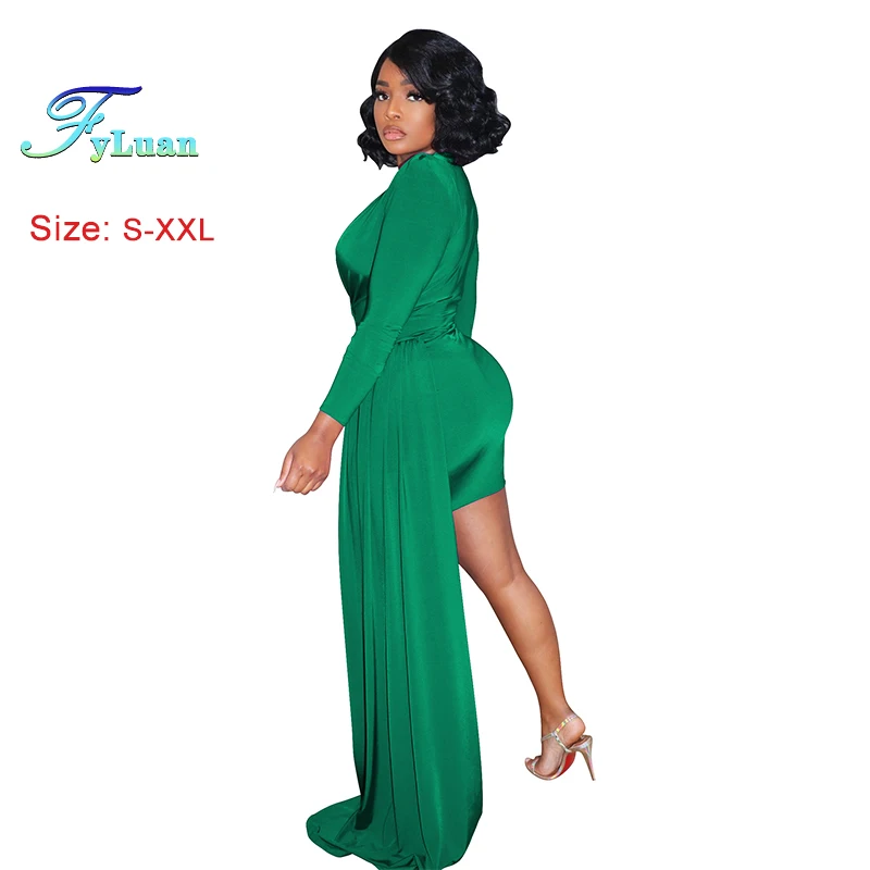 2025 Summer Elegant Women's Dress Deep V Neck Long Sleeve Wedding Party Prom Dress Fashion Fluorescent ColorLadies  Mini Dresse