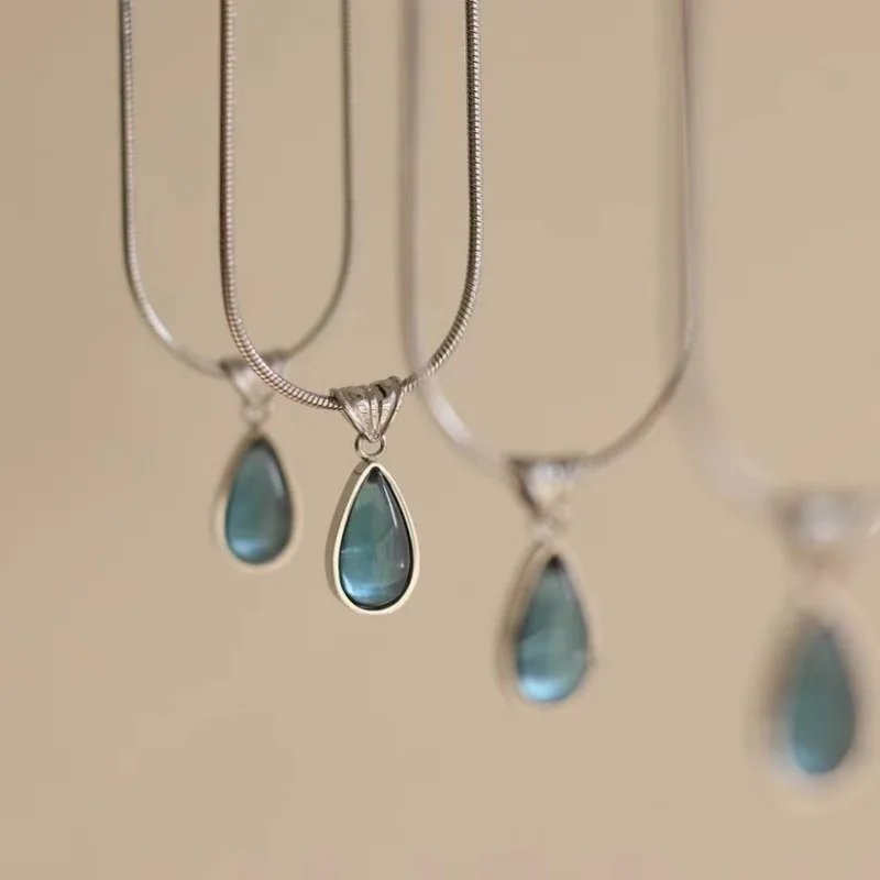 Mermaid's Tear Pendant Elegant Blue Simulated Gemstone Water Drop  Necklace Women Luxury High-End Collarbone Chain Accessories