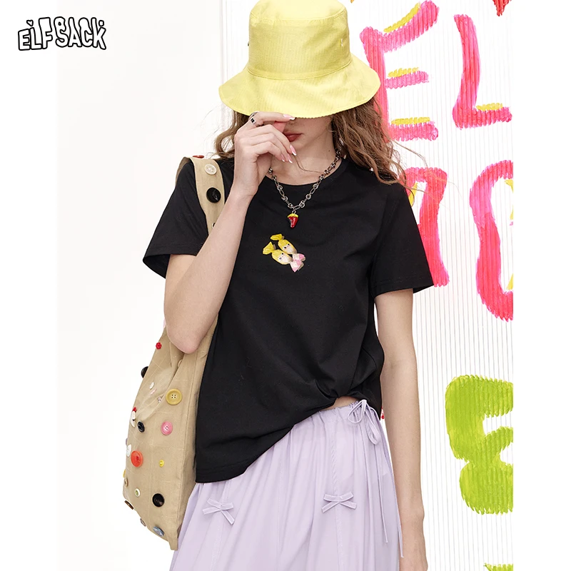 ELFSACK 2025, Sommerneuheiten, Dopamin-Druck, lockeres, lässiges Kurzarm-T-Shirt für Damen