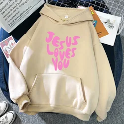 Jesus Loves Me Letter Funny Prints Hoodies Women Autumn Warm Sweatshirt Fleece All-Match Clothes Pocket Oversized Hoody