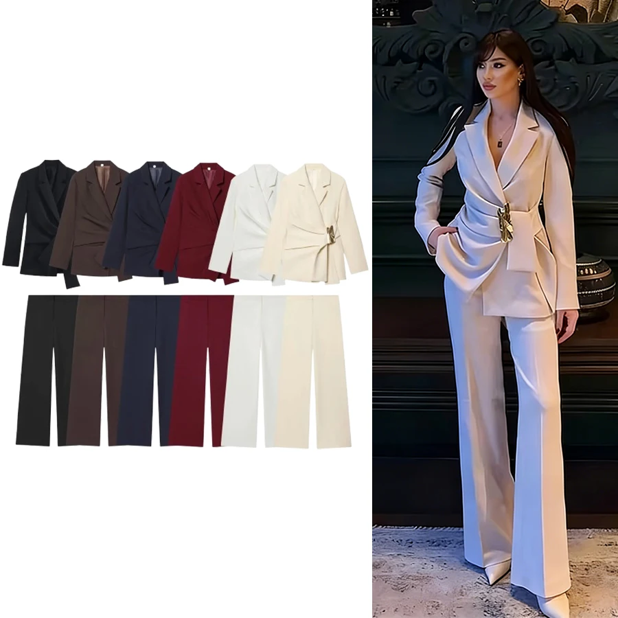 Ensemble deux pièces pantalon de costume pour femmes, décoration avec boucle, manteau Blazer à manches longues + pantalon à jambes droites, tenues chics pour femmes
