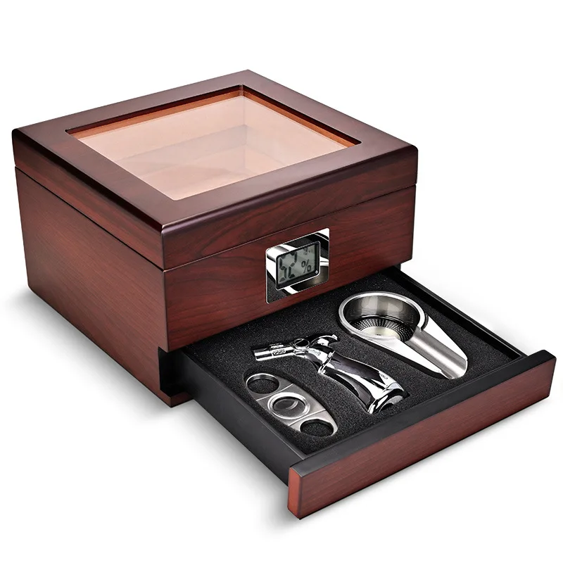 Cedar Wood Cigar Humidor Tool Set, Portable Sealed Travel Case with Hygrometer & Cigar Accessories