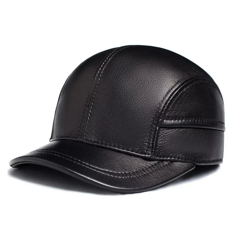 Sports Baseball Cap Men Genuine Leather Duck Tonue Hats Male Casual Punch Hockey Golf Leather Baseball Cap Printed Short Brim