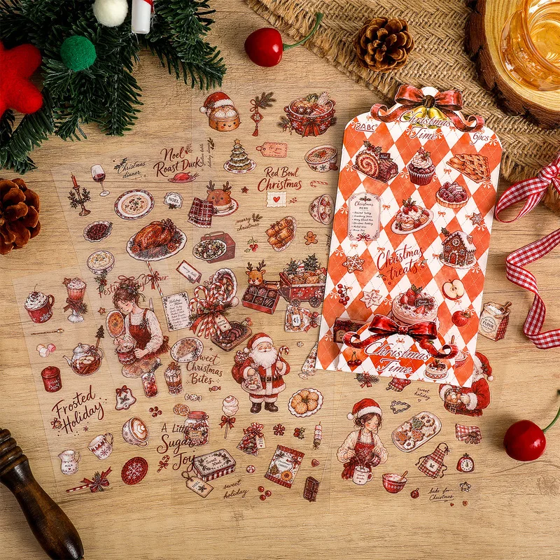 6 Sheets Christmas Themed Flat PET Stickers, Waterproof Decorative Stickers for Journal Scrapbooking DIY Craft Gift
