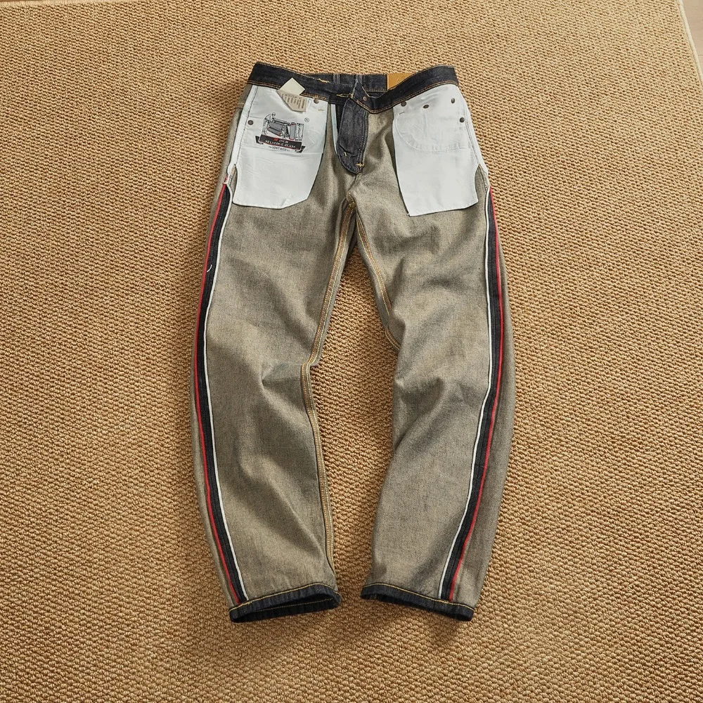 جينز جينز عالي التراجع للأذن الحمراء 12 أونصة للرجال من القماش الأصلي المزيل بمستقيم ثقيل مخروطي ريترو