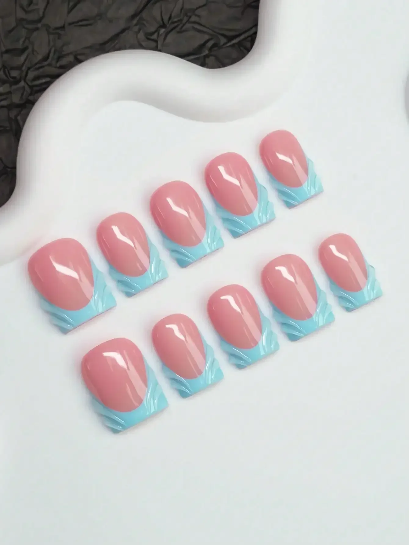 

10pcs Square Shaped Handmade Nail Tips, Y2K Baddie Style, Nude & Blue Color French Tips With Water Drop Design, Suitable For Women & Girls, Party, Daily Wear, Includes Tool Kit, Great Gift For Ladies