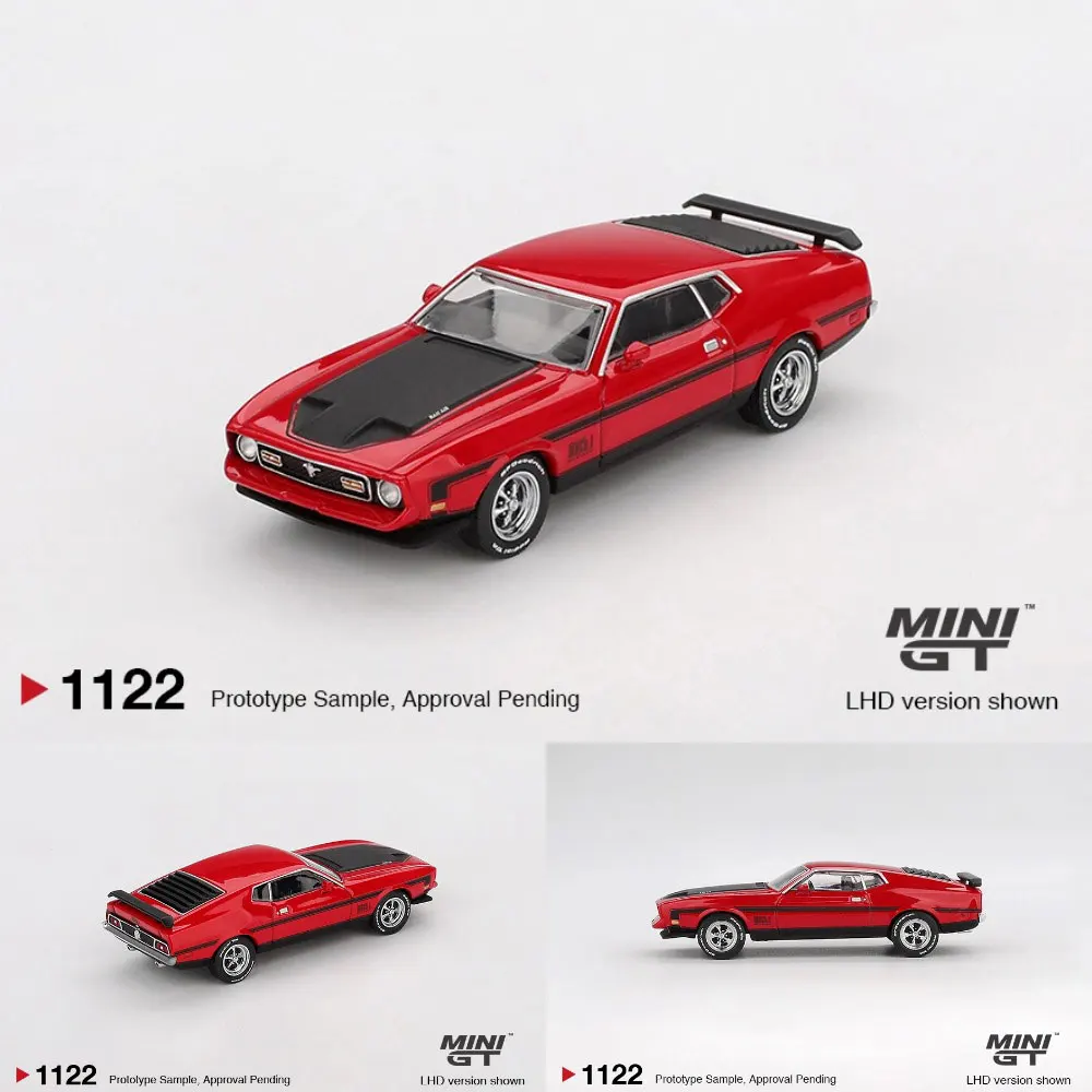 MINIGT 1/64 Ford Mustang Mach1 1971 Rennrot Supersportwagen Modellauto Oldtimer Druckguss-Fahrzeug Sammlermodell Mit Vitrine