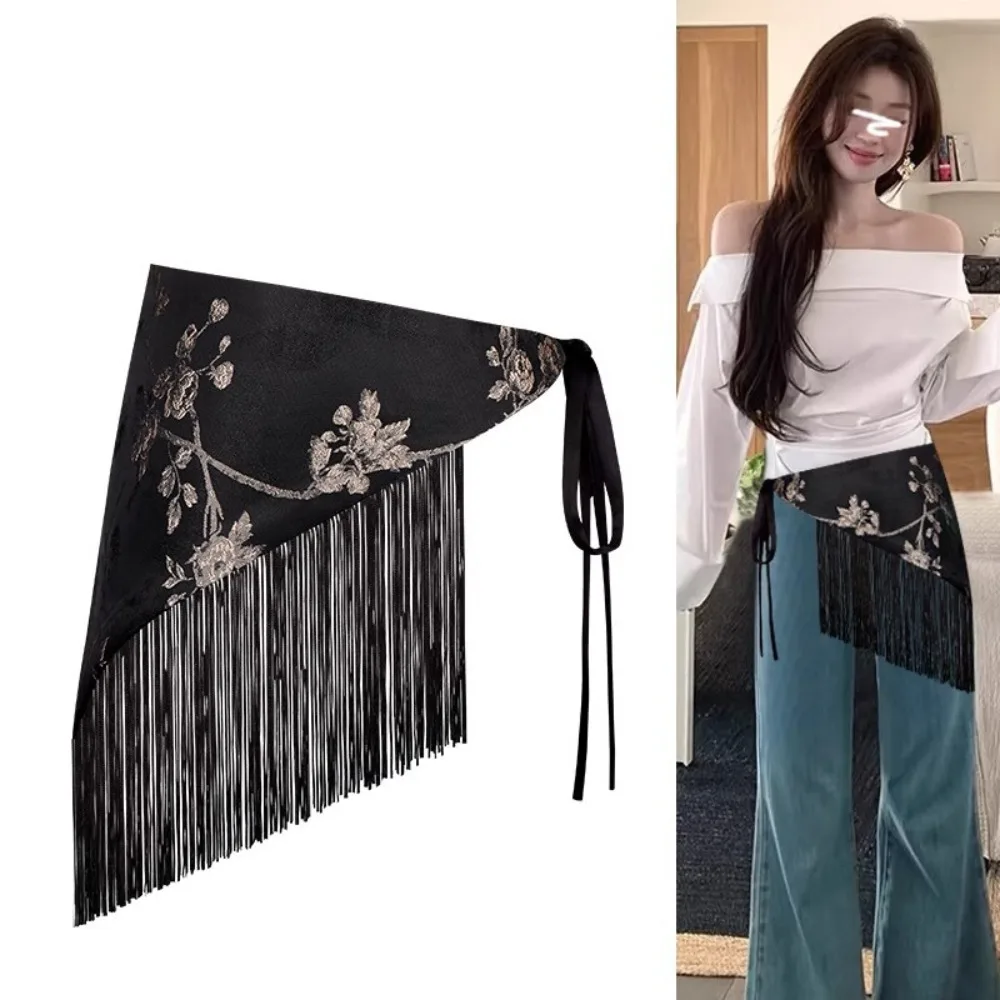 Chinese Style Triangular Waist Belt Tassel Printing Trim Butt Curtain Ruched Leopard Print Triangular Waistband Dance Practice