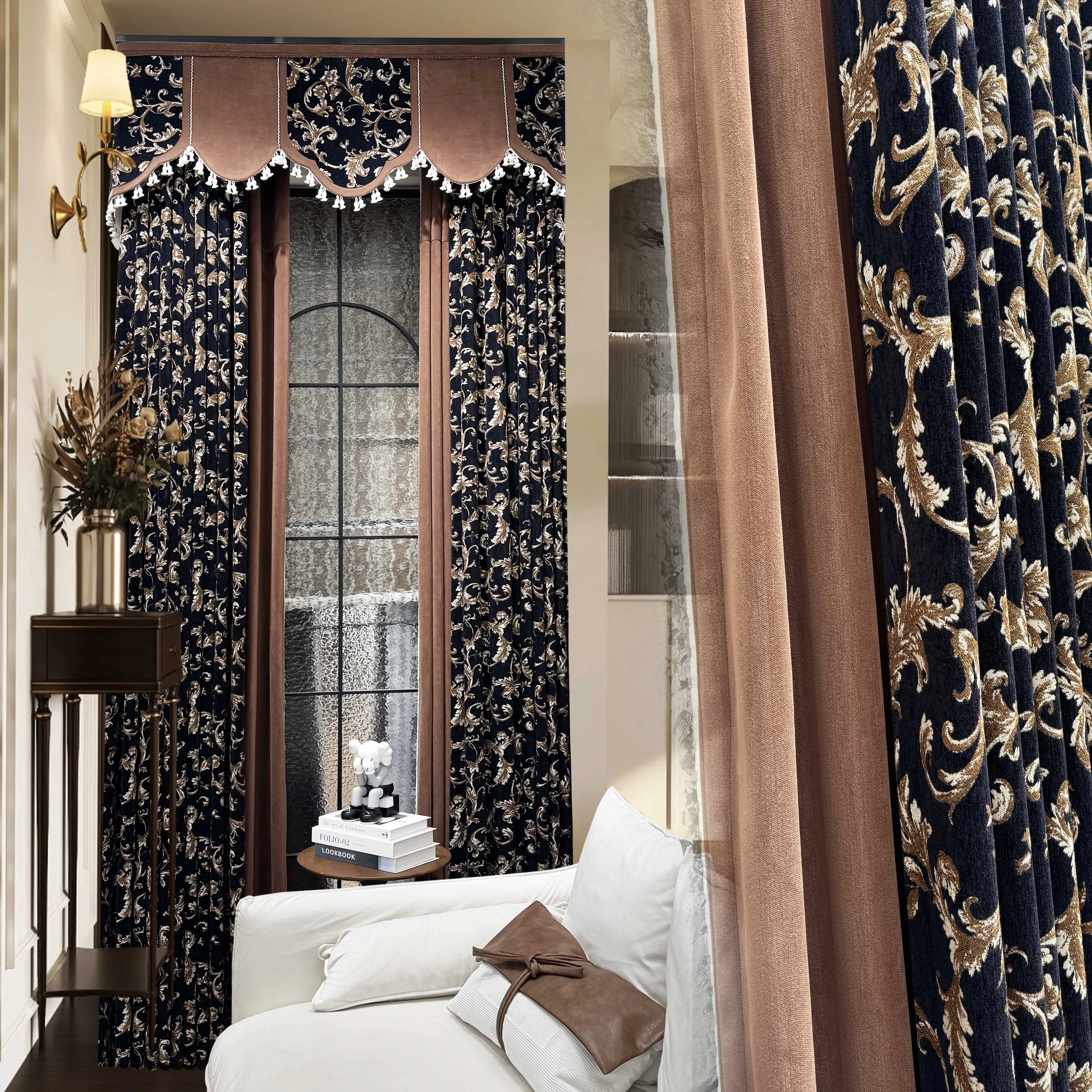 Northern high-grade Custom luxury French livingroom simple valance chenille black window curtain tulle M1819