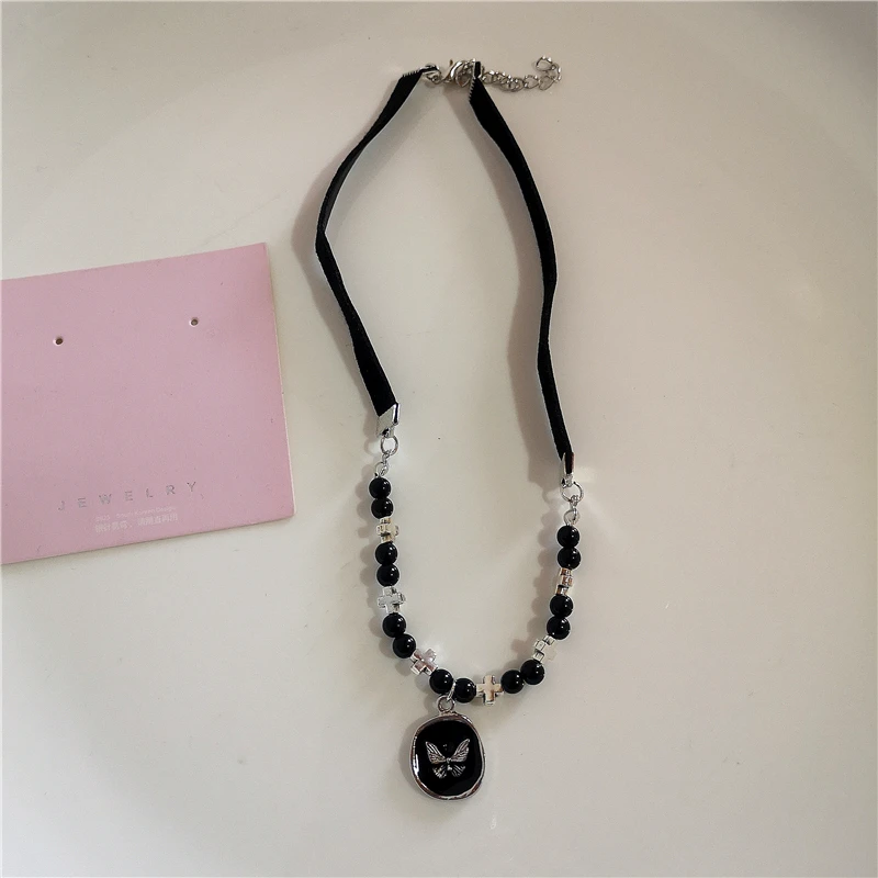 Gothic süße Y2K Edelstahl Schleife Herz rosa Kreuz Anhänger Perlen Perle Schlangenkette Halskette für Egirl 2000er EMO Zubehör – Detail 6