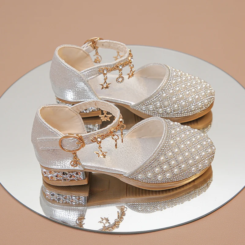 

Fashion Children's High-heeled Shoes Girls Wedding Party Pearl Rhinestone Heels Princess Dress Leather Shoes Trendy and Novel