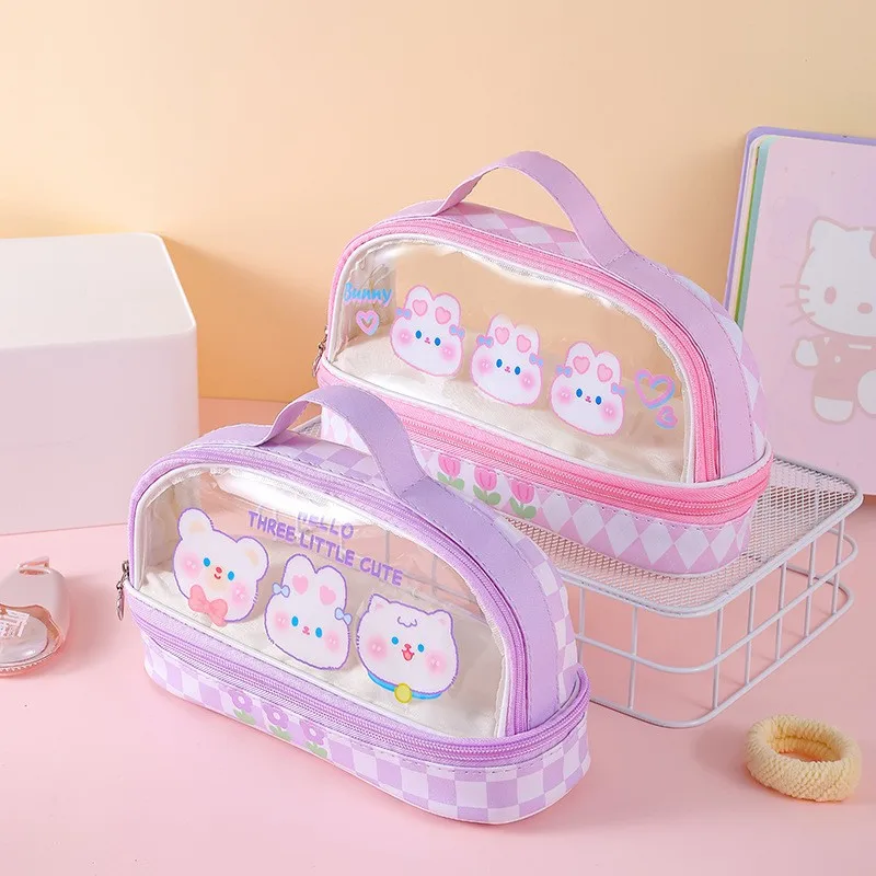 Niedrigstes transparentes Cartoon-Federmäppchen, doppellagiges Design, ideal für Schreibwaren und Make-up von Schulmädchen